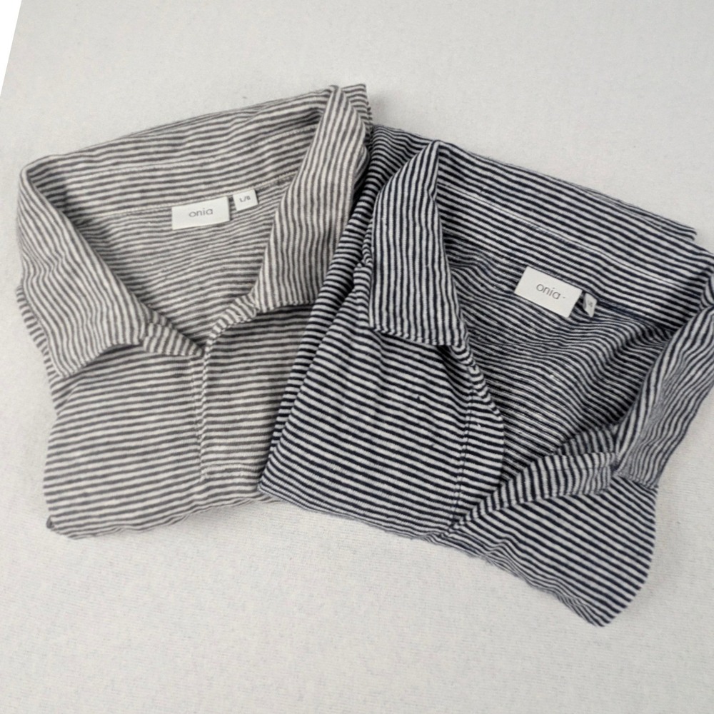 Onia Mens Striped Linen Blend Short Sleeve Shirt Grey & Blue White Lrg Lot of 2